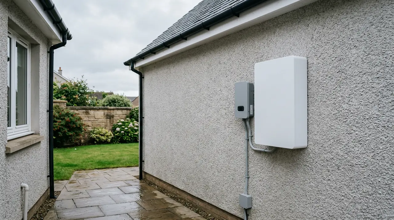 Wall-mounted home battery and inverter on the harled side wall of a Scottish house